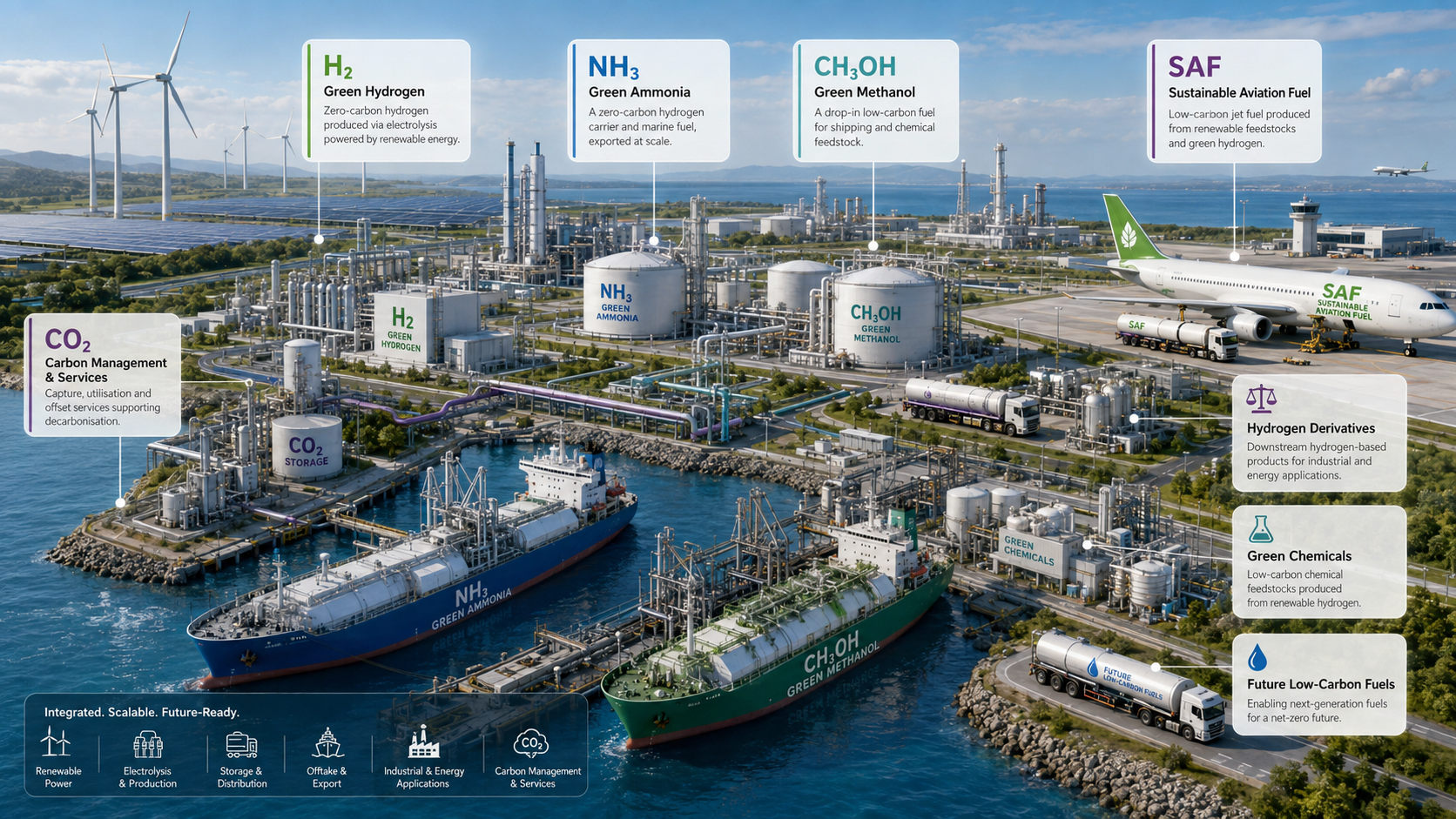 Integrated green hydrogen, ammonia, methanol and SAF production, storage and overseas export platform diagram